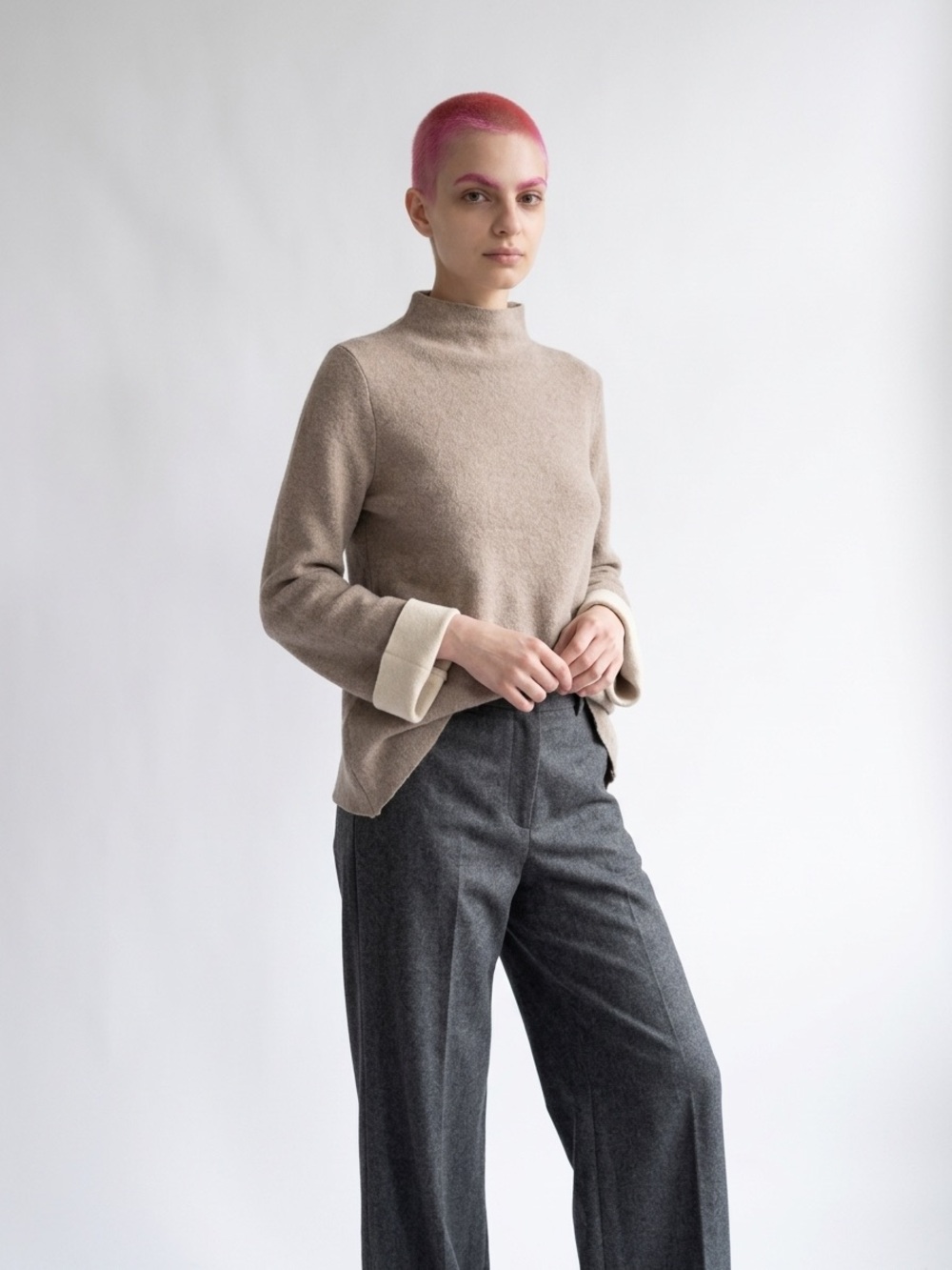 Tahari Taupe Mock Neck Sweater with Cream Rolled Cuffs Lush material.